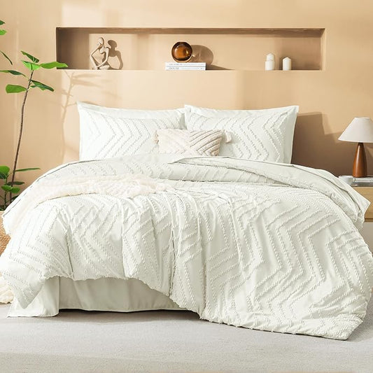 Litanika Ivory Queen Size Comforter Set with Sheets - 7 Pieces Bed in a Bag Queen Boho Tufted Complete Bedding Sets with Comforter, Sheets, Pillowcases & Shams