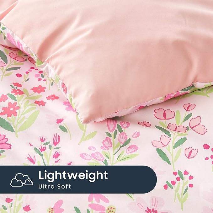 Wake In Cloud - Floral Bedding Set for Girls, Cute Colorful Botanical Flowers Patterned Soft Lightweight Comforter Set with Sheets, 5 Pieces Kids Bed in a Bag, Light Pink, Twin Size