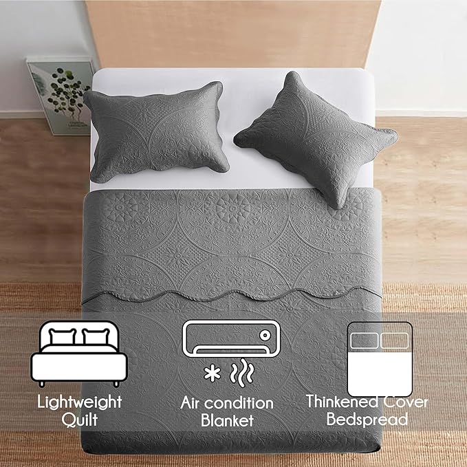 MOONLIGHT20015 Twin Quilt Bedding Set Size (66" x 86") + 1 Pillow Shams (20" x 26" + 2") - 2 Pcs All Season Lightweight Reversible Microfiber Coverlet Floral Embossed Quilt Bedspread (Grey)