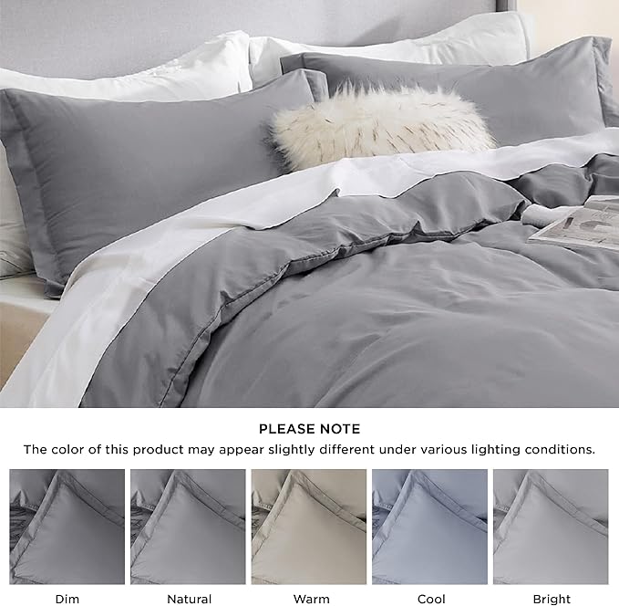 Bedsure Duvet Cover Queen Size - Soft Double Brushed Bedding Set for Kids & Adults, Zipper Closure, 3 Pieces, Includes 1 Duvet Cover (90"x90") & 2 Pillow Shams, NO Comforter, Grey
