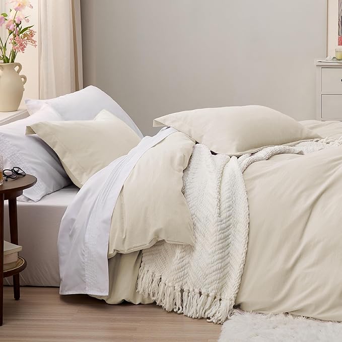 Bedsure Oat Milk Duvet Cover Queen Size Only - Prewashed Cotton-Like Polyester Extra Soft All Season Bedding, Includes 1 Duvet Cover 90x90 Inches with Zipper Closure, Comforter Not Included
