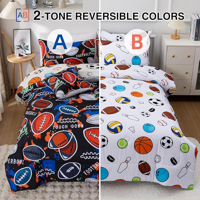 A Nice Night Boys Rugby Balls Comforter Set 6-Piece Bed-in-a-Bag with Sheet Set, Full Size Polyester Bedding Collections for Kids,Red Black