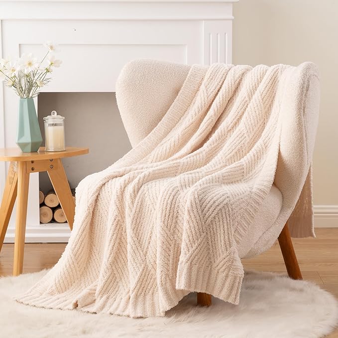 Battilo White Diamond Knit Throw Blanket for Couch and Bed, Ivory Soft Textured Chenille Blanket, Cozy Lightweight Decorative Blanket for Sofa, 50"x60"