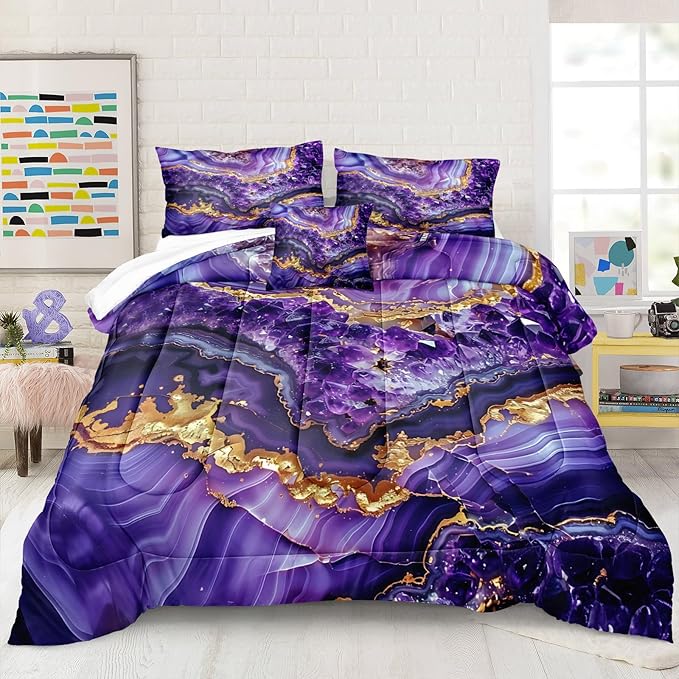 Bedbay Purple Gold Marble Comforter Set Queen Size Marble Bedding Set Abstract Art Texture Stone Diamond Aesthetic Room Decor 4 Pcs Luxury Bedding 1 Comforter 2 Pillowcases 1 Cushion Cover