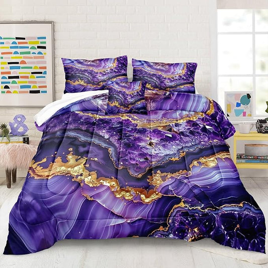 Bedbay Purple Gold Marble Comforter Set Queen Size Marble Bedding Set Abstract Art Texture Stone Diamond Aesthetic Room Decor 4 Pcs Luxury Bedding 1 Comforter 2 Pillowcases 1 Cushion Cover