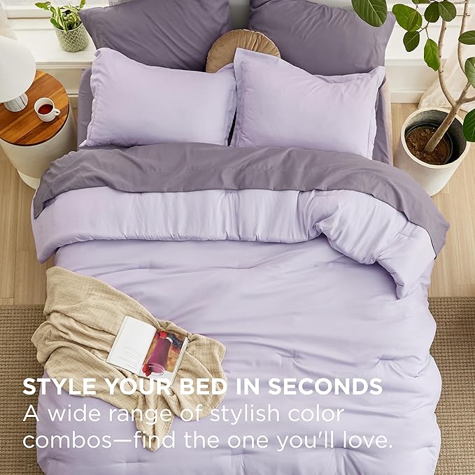 Bedsure Oversized Queen Comforter Set - 7 Pieces Lavender Oversized Queen Bedding Set for All Seasons, Boho Contrasting Design Bed in a Bag with Comforter, Sheets, Pillowcases & Shams