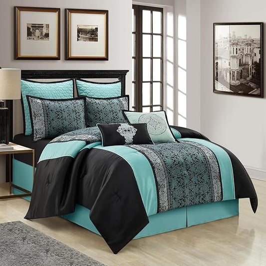 Grand Avenue Black & Teal Comforter Set California King, Classic Jacquard Bedding Sets, Faux Silk, Premium Microfiber, 8 Pieces Bed in a Bag, Embroidered Pillows