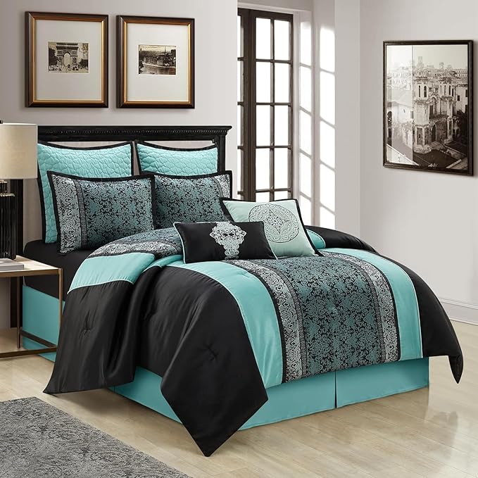 Grand Avenue Black & Teal Comforter Set Queen, Classic Jacquard Bedding Sets, Faux Silk, Premium Microfiber, 8 Pieces Bed in a Bag, Embroidered Pillows