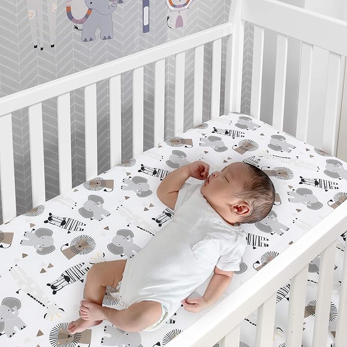Lambs & Ivy Jungle Safari 100% Cotton White/Gray Elephant/Lion Fitted Crib Sheet