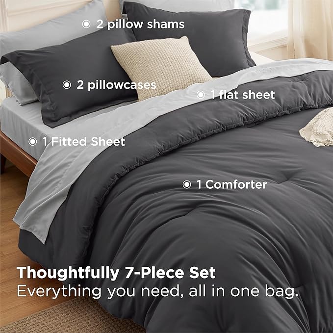 Bedsure King Size Comforter Set - 7 Pieces Dark Grey King Bedding Set for All Seasons, Boho Contrasting Design Bed in a Bag with Comforter, Sheets, Pillowcases & Shams