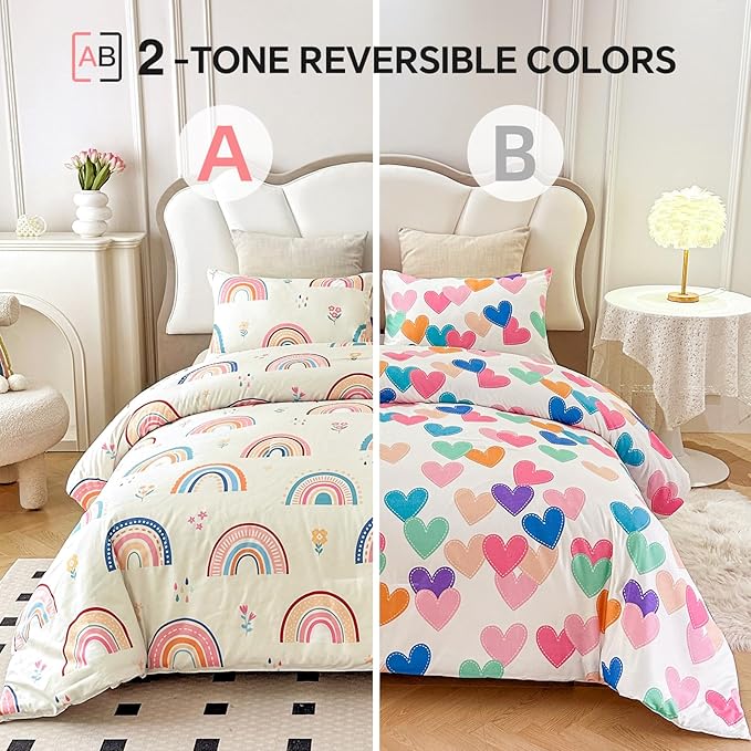 Btargot Lightweight Soft 3 Piece Rainbow Comforter Set with 2 Pillow Covers, Cartoon Love Hearts Flowers and Grass Bedding Set for Girls Boys Kids, Full Multi-Color