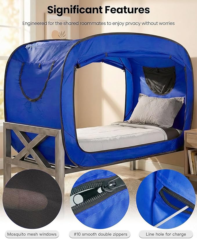 Bed Tent Full Bed Canopy Portable Dream Tent for Adult Indoor Sleeping Tents with 2 Doors Breathable Private Space Tents, Blue