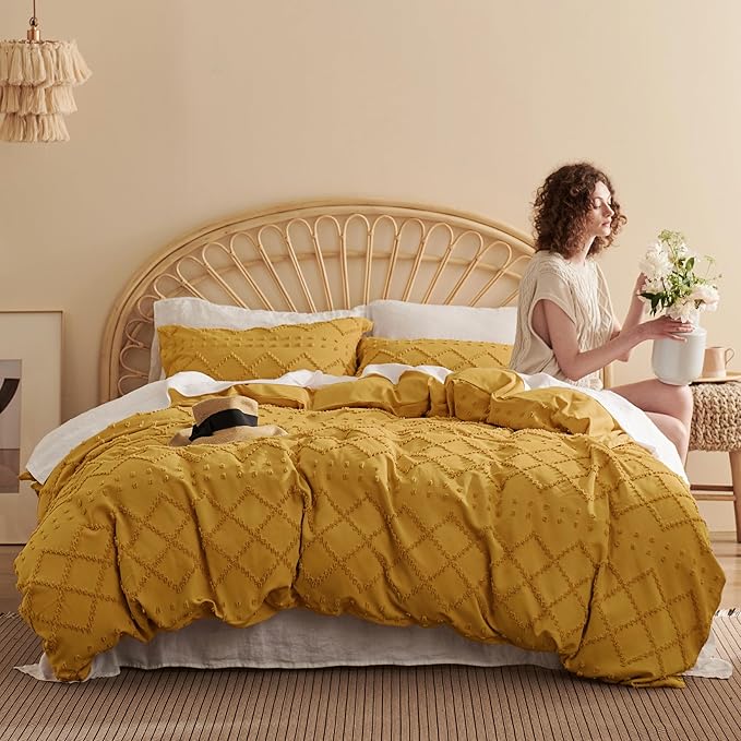 Bedsure Boho Duvet Cover King Size,Mustard Yellow Breathable & Soft Boho Bedding, Machine Washable Comforter Cover for All Seasons, Includes 1 Duvet Cover 104"x90" with 2 Pillow Shams & Zipper Closure