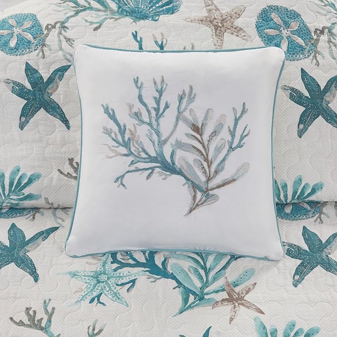 Madison Park Quilt Set Cottage Coastal Design, Starfish Print - All Season, Coverlet Bedspread Lightweight Bedding Layer, Shams, Toss Pillows, King/Cal King(104"x94"), Pebble Beach Aqua 6 Piece