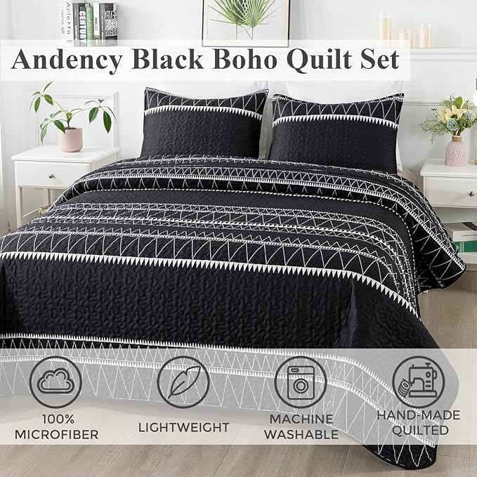 Andency Black Oversized Super King Quilt Set, 3 Pieces Boho Lightweight Soft Striped Bedspread for All Season (120"x120"), Printed Bohemian Microfiber Reversible Coverlet Comforter Sets