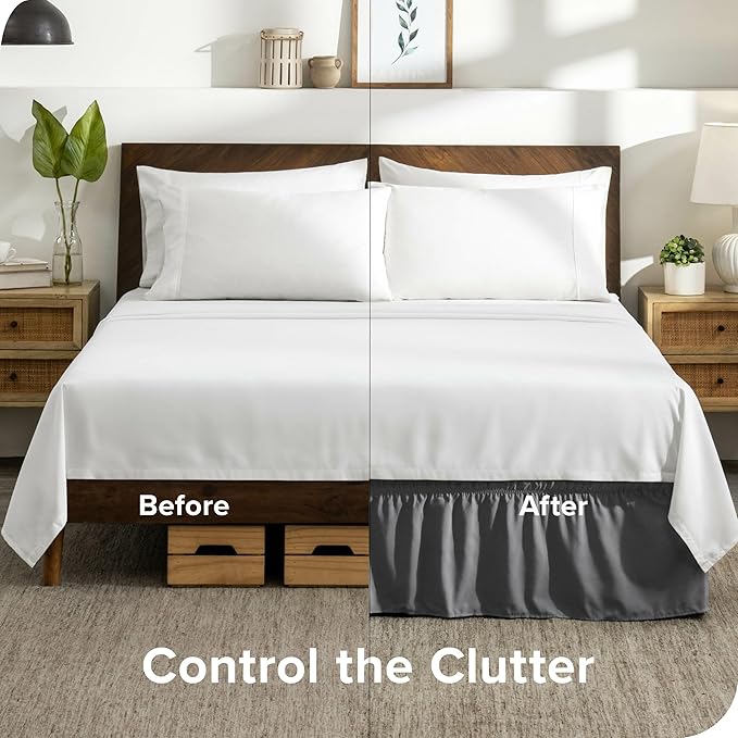 Bare Home Wrap Around Bed Skirt - for Queen Size Beds with 15 inch Tailored Drop - Easy Fit Elastic Strap - Adjustable and Ruffled Style - Wrinkle, Fade, and Stain Free (Queen, Grey)