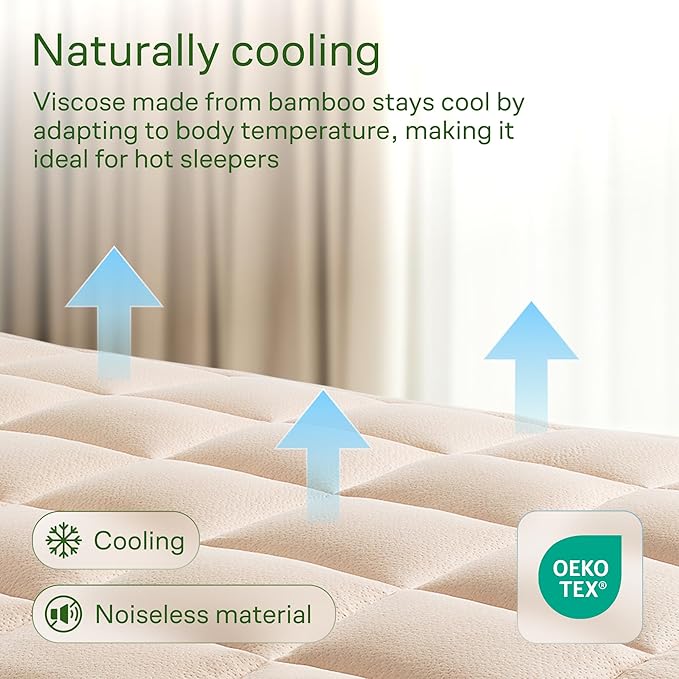 Ultra Soft Queen Size Mattress Topper - Viscose Made from Bamboo Pillow Top Mattress Pad for Back Pain Relief - Naturally Cooling for Hot Sleepers, Beige