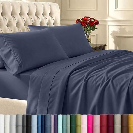 California Design Den King Bed Sheets Set - Soft 400 Thread Count Sateen, Natural 100% Cotton Sheets, Deep Pockets with All-Around Elastic, Durable Bedding Set - Indigo Dusty Blue