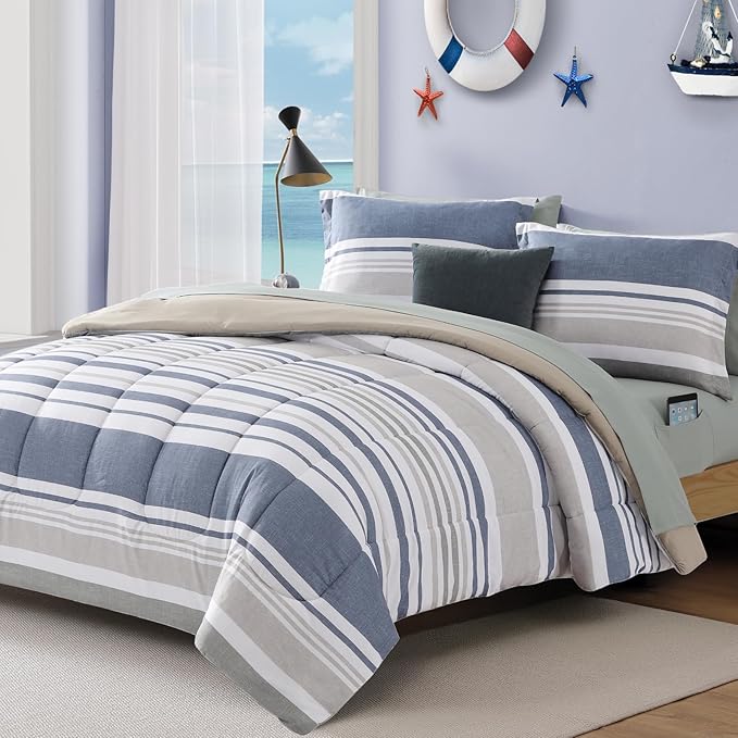 Full Comforter Set Striped, Sea Blue Bedding Set 7 Pieces for Boys Girls Teen, All Season Bed in a Bag for Dorm with Sheets, Pillowcases & Shams