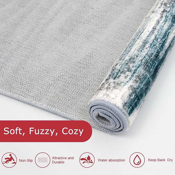 KOZYFLY Modern Abstract Hallway Runner Rug, 2.6x18 Washable Rug Runner Non-Slip Soft Striped Stair Runner Rugs, Print Blue Carpet Runner for Kitchen Entryway Bathroom Laundry Room Foyer