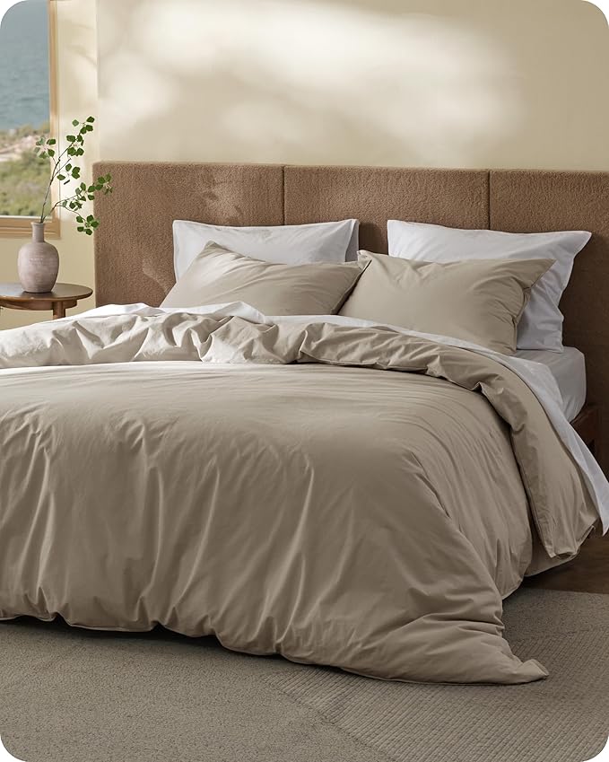 Bedsure Cotton Duvet Cover Twin - Luxury Slub Weave 100% Cotton Duvet Cover with a Linen Like Textured, Easy Change Durable Bedding, Tannish Linen Grey, 68" x 90"