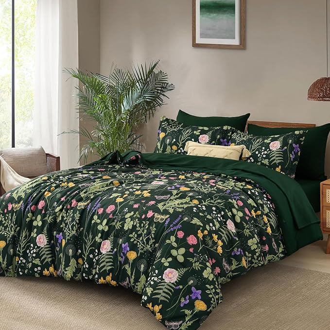 Yiran Dark Green California King Comforter Set, 7 Piece Summer Floral Comforter Bedding Set, Bed in a Bag with Flowers Pattern, Soft Microfiber Complete Bedding Set with Sheets for All Season