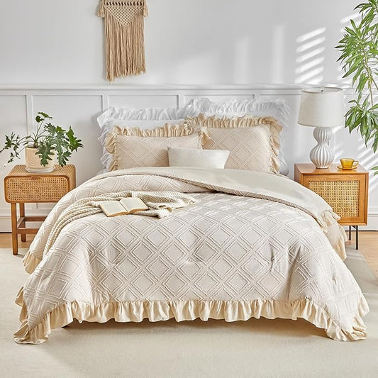 Flysheep Tufted Grids Ruffle Comforter Set King Size, 3 Pieces Beige Vintage Farmhouse Shabby Chic Comforters, Jacquard Boho Bohemian Bedding Set for All Season (1 Ruffled Comforter+ 2 Pillow Shams)