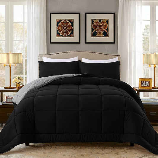 DOWNCOOL King Size Comforter Set -All Season Bedding Comforters Sets with 2 Pillow Cases -3 Pieces Bed Set Down Alternative King Bedding Set -Black/Grey King Comforter Set(102"x90")