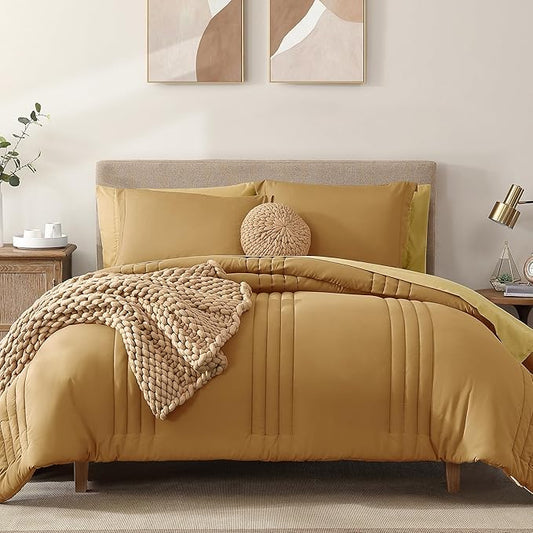 Monbix Queen Comforter Set - 7 Pieces Desert Yellow Bed in a Bag Queen Bedding Sets with Comforters, All Seasons Comforter Bed Set with Sheets, Pillowcases & Shams