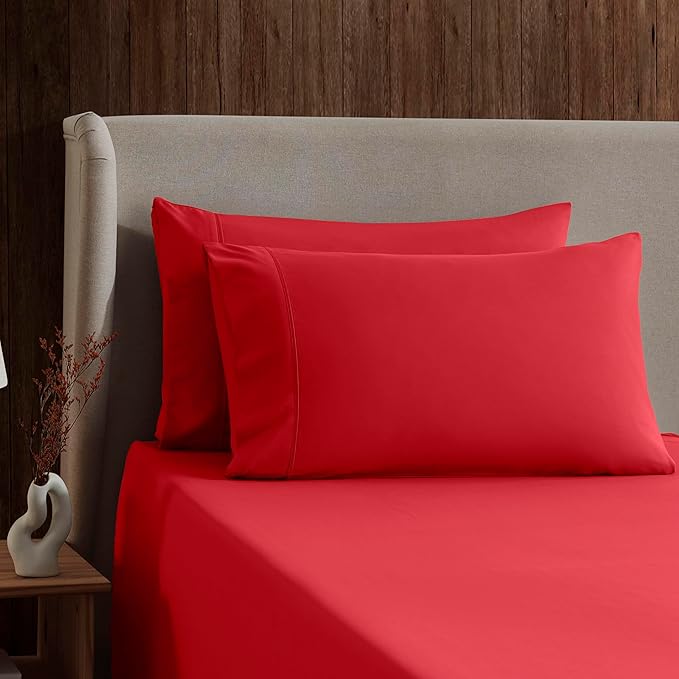 Nestl Short Queen Sheet Set - 1800 Ultra-Soft Microfiber - Double Brushed - Deep Pockets - Easy Fit - 4 Piece Set - Bed Sheets (Short Queen, Red)