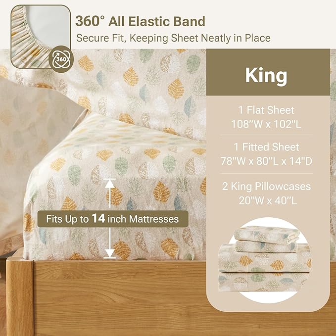 True North by Sleep Philosophy Cozy Flannel Warm 100% Cotton Sheet - Novelty Print Animals Stars Cute Ultra Soft Cold Weather Bedding Set, King, Multi Leaves 4 Piece