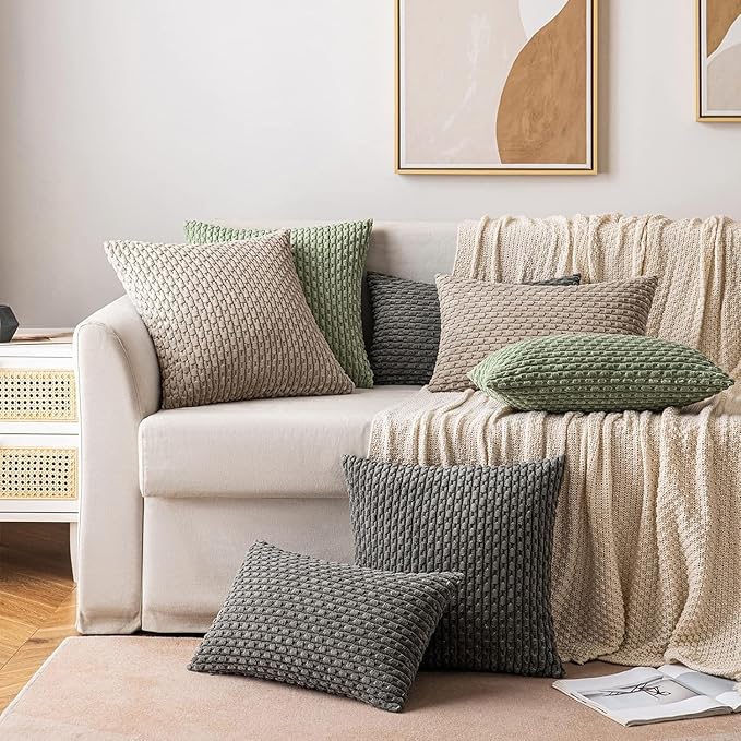 MIULEE Pack of 2 Decorative Throw Pillow Covers 20x20 Inch Soft Boho Striped Textured Corduroy Pillow Covers Modern Farmhouse Home Decor for Couch Bed Sofa Living Room Neutral Light Brown