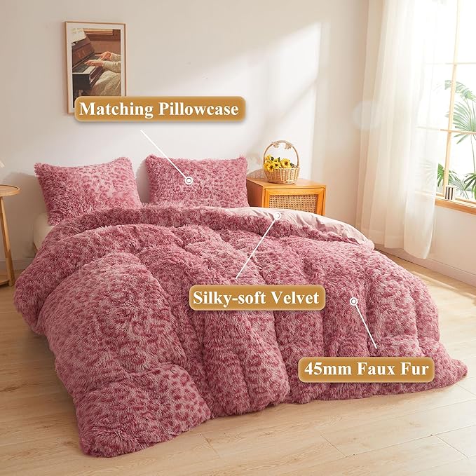 XeGe Cheetah Print Fluffy Faux Fur Duvet Cover Set, 2 Pieces Soft Plush Shaggy Fuzzy Bedding Set(1 Faux Fur Leopard Print Comforter Cover + 1 Furry Pillowcase), Zipper Closure(Twin, Pink)