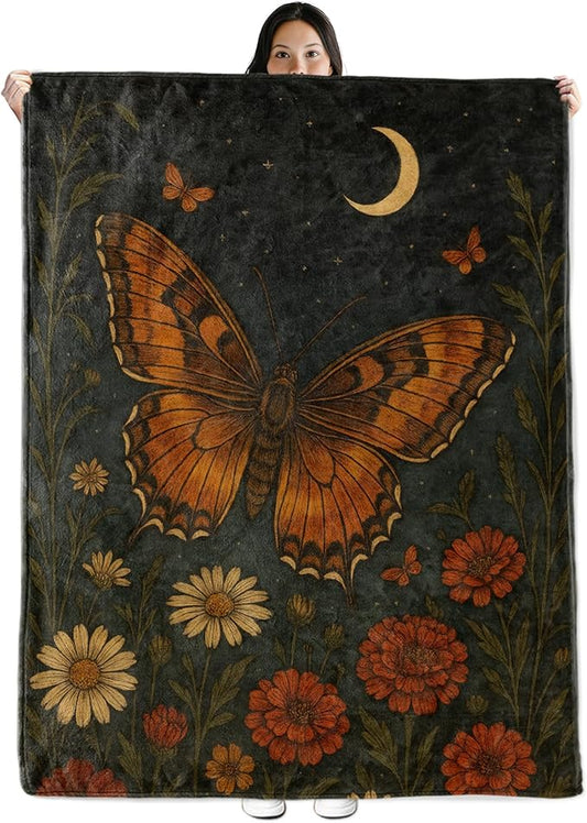 Butterfly Gifts, Orange Butterfly and Moon Theme Flannel Blanket for Women, Gothic Birthday Throw Blankets for Kids, Girls, Travel Camping Sofa Living Room Decor 40x50 in