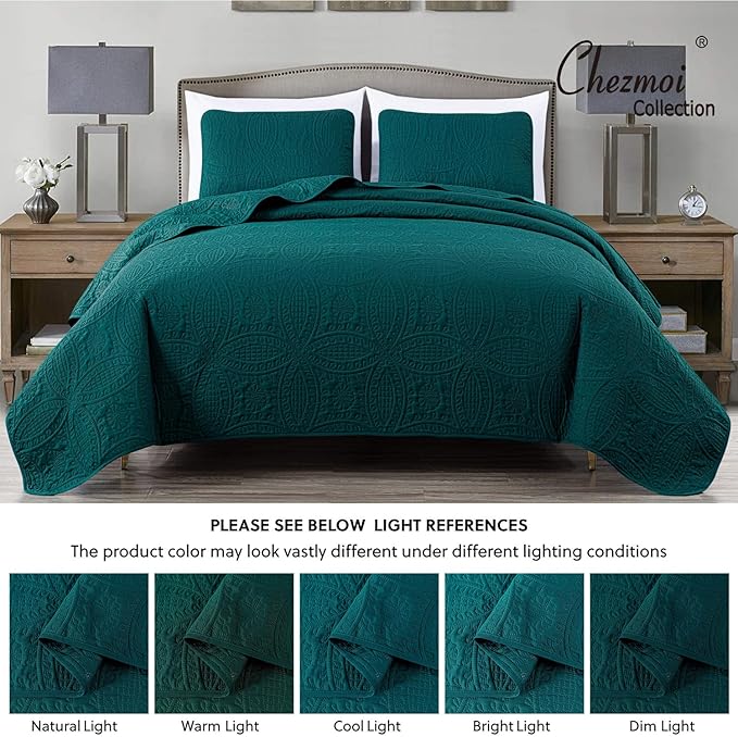 Chezmoi Collection Austin 3-Piece Oversized Bedspread Coverlet Set (Queen, Teal)