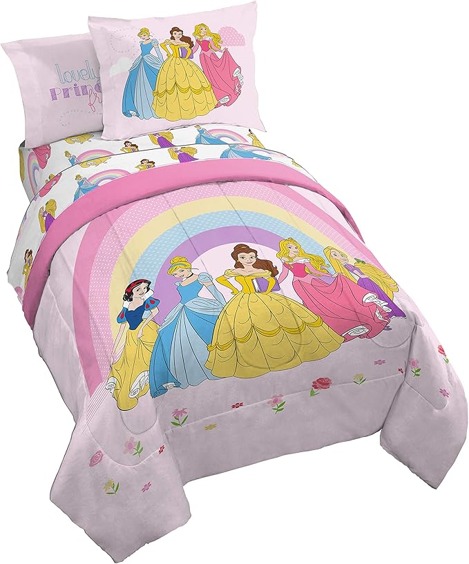 Jay Franco Disney Princess Rainbow 5 Piece Twin Bed Set - Includes Comforter & Sheet Set - Bedding Features Aurora, Belle, & Cinderella - Super Soft Fade Resistant Microfiber