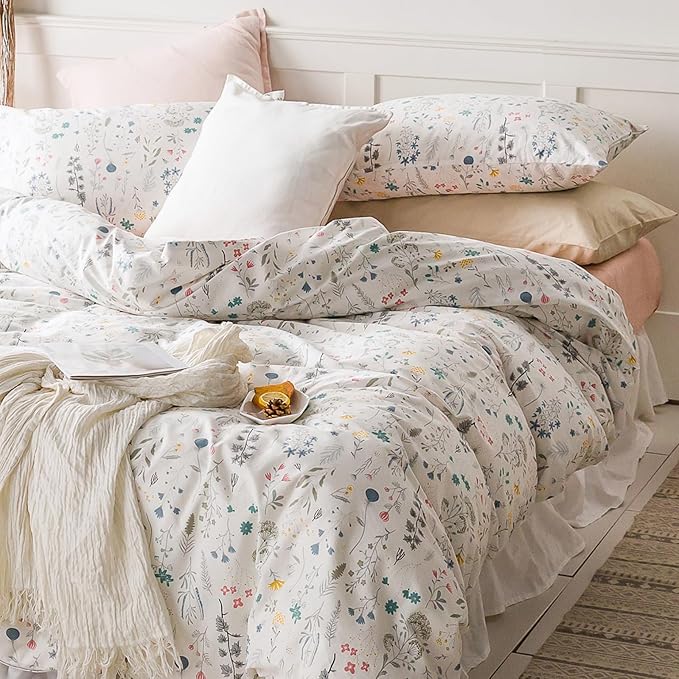 HighBuy Floral Duvet Cover Queen 100% Cotton Bedding Set Queen Girls Boys Cottagecore Bedding 3 Piece Comforter Cover Ultra Soft Garden Floral Quilt Cover with Zipper Closure