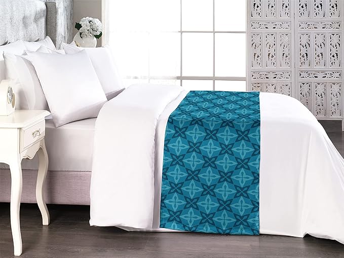 Lunarable Flower Bed Runner, Moroccan Flowers Design Geometric Blossoming Petal Pattern, Decorative Accent Bedding Scarf for Hotels Homes and Guestrooms, King, Ocean Blue