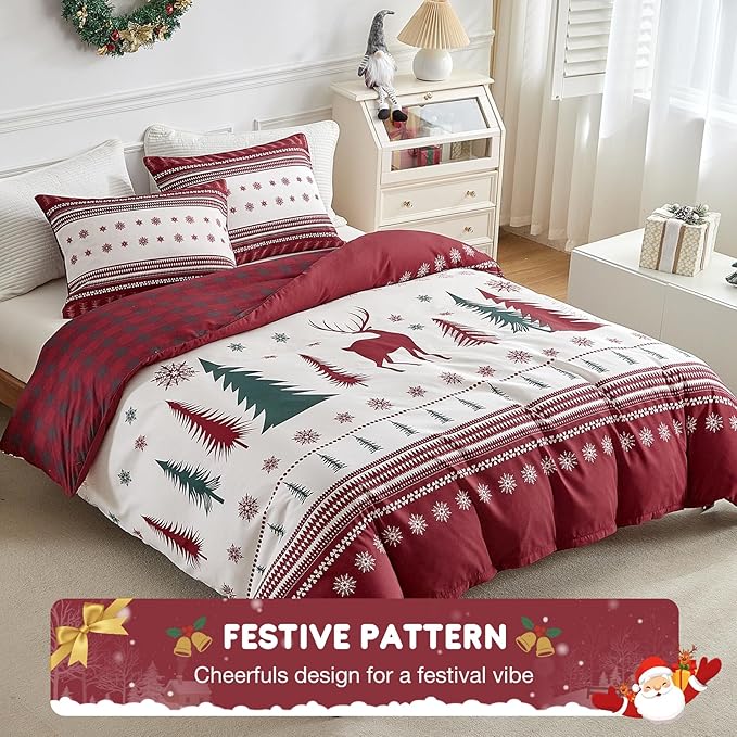 Lekesky Christmas Duvet Cover Queen Size,3 Pieces Reversible Red Plaid Reindeer Snowflake Holiday Bedding Set with Zipper Closure and Corner Ties(1 Duvet Cover 90x90 inches + 2 Pillowcases)