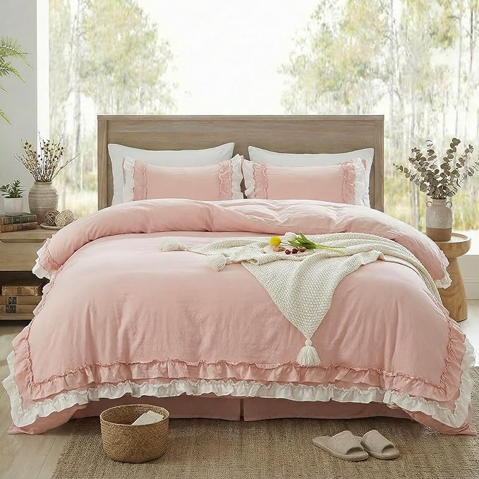 Bedorm Ruffle Duvet Cover Twin Coquette Bedding Ultra Soft Breathable Shabby Chic Bedding Pink Ruffled Duvet Cover Set Cute Comforter Cover