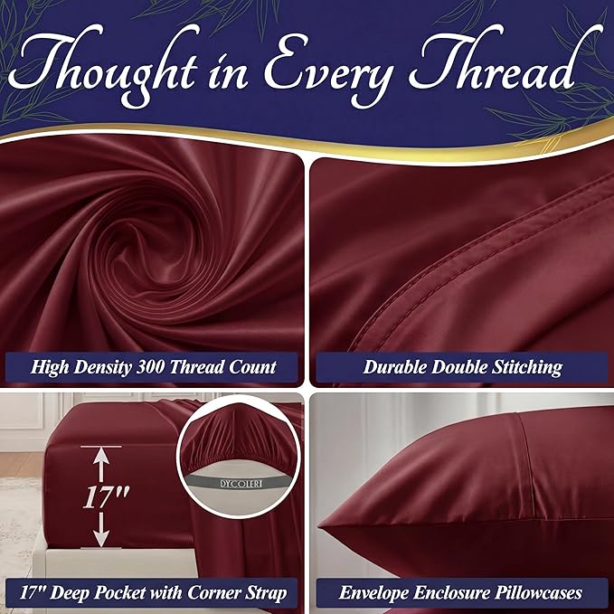 DECOLURE 100% Viscose Derived from Bamboo Sheets Twin Size - Luxury 3 Pc Naturally Cooling Sheets, Ultra Soft Bed Set - Deep 17" Pockets, Durable Double Stitching, Oeko Tex Standard (Burgundy)