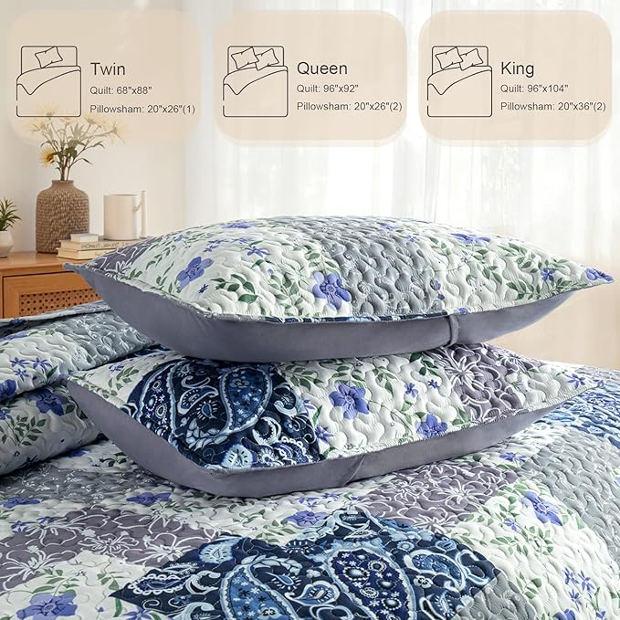 Whale Flotilla Patchwork Quilt Twin Size, Soft Boho Floral Bedspreads for Bed Reversible Lightweight Twin Quilt Bedding Set Coverlets with 1 Pillow Sham for All Seasons, Paisley Flowers