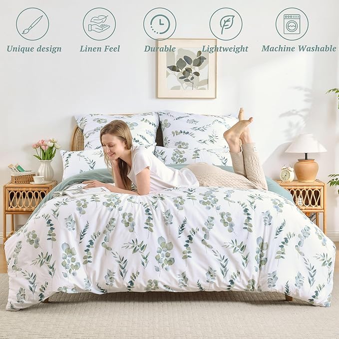 MILDLY King Duvet Cover Sage Green - 100% Washed Cotton Eucalyptus Printed Linen Feel Comforter Cover 3pcs with Zipper Closure Corner Ties