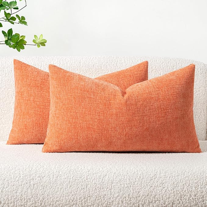 MIULEE Pack of 2 Couch Throw Pillow Covers 12x20 Inch Soft Coral Red Chenille Lumbar Pillow Covers for Sofa Living Room Spring Home Decor Couch Solid Dyed Cases