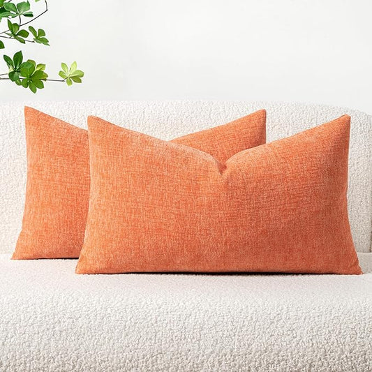 MIULEE Pack of 2 Couch Throw Pillow Covers 12x20 Inch Soft Coral Red Chenille Lumbar Pillow Covers for Sofa Living Room Spring Home Decor Couch Solid Dyed Cases