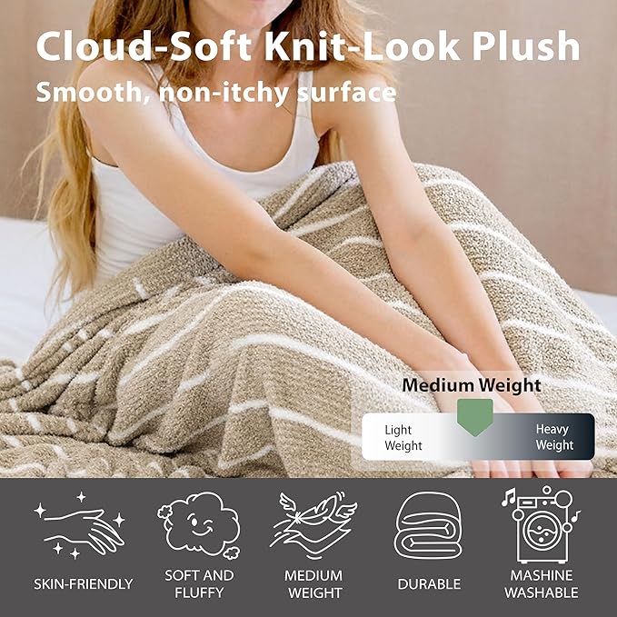DEZ FURNISHINGS Oversized Cozy Knit Look Cloud-Soft Plush Printed Fleece Throw Blanket, Lightweight & Breathable, Queen (90" x 90"), Khaki Stripe