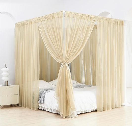 Akiky Canopy Bed Curtains 8 Panel Bed Curtains Drapes for Full Queen Size Bed Sheer Canopy Bed Drapes with Lights(Khaki)