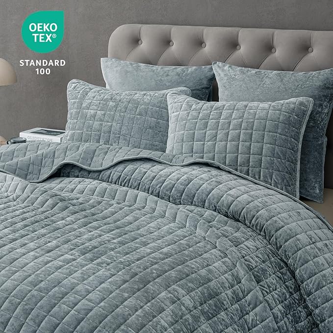 PHF Luxurious Velvet Quilt Set Queen Size – 3PCS Super Soft Quilted Comforter Alternative with Square-Box Quilt Pattern, Warm Quilted Bedspread Coverlet, 90" x 92", Dusty Blue