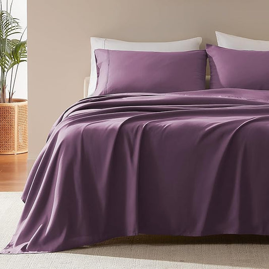 SLEEP ZONE Nanotex Super Soft Cooling Twin Bed Sheets Set for Kids 3 Piece - Easy Care Fitted Flat Sheet & Pillowcase Sets - Wrinkle Free, Fade Resistant, Deep Pocket 16" (Purple, Twin)