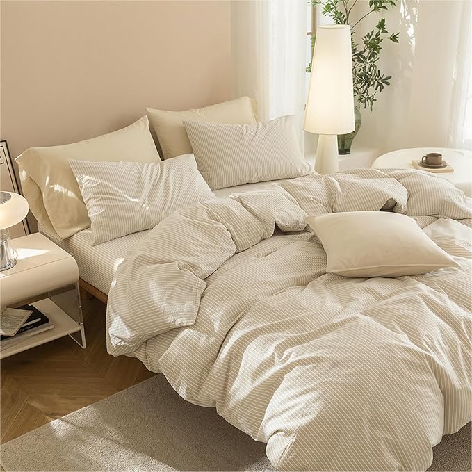 JIYUAN 100% Washed Cotton Striped Duvet Cover Set 3 Pieces Queen, 1 Duvet Cover and 2 Pillowcases(Comforter Not Included),Linen Like Comfy and Breathable,Pinstripes - Beige White